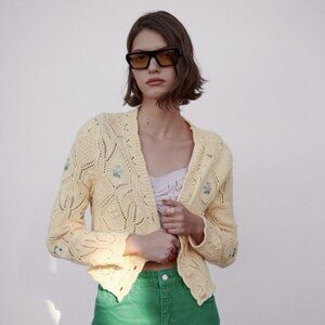 Zara Floral Embroidered Crochet Open Knit Cardigan Yellow Size S — 100% Cotton